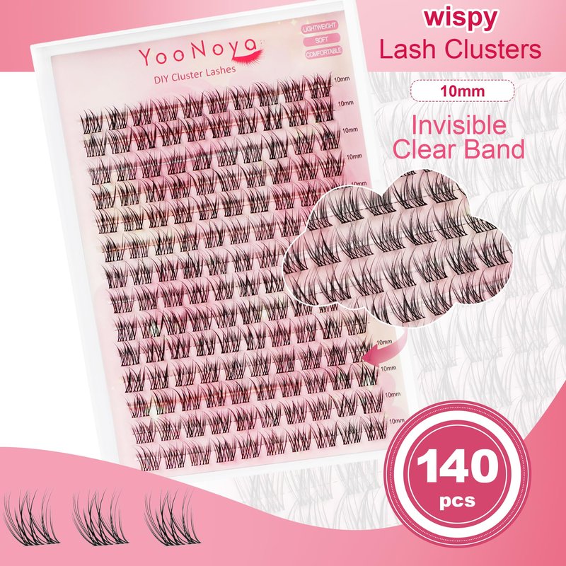 YOONOYA Wispy Lash Clusters 140 Pcs 10mm Short Eyelash Clusters C Curl Cluster Eyelash Extensions Natural Wispy Cluster Lashes Reusable Individual Invisible Band Lash clusters (QX-10mm)