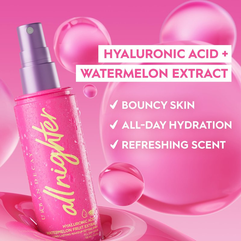 Urban Decay All Nighter Hyaluronic Acid Waterproof Dewy Setting Spray for Face (Travel Size), Luminous Glowy Look, Long-lasting, Smudge-proof & Transfer-resistant Makeup, Watermelon Scent - 1 fl oz