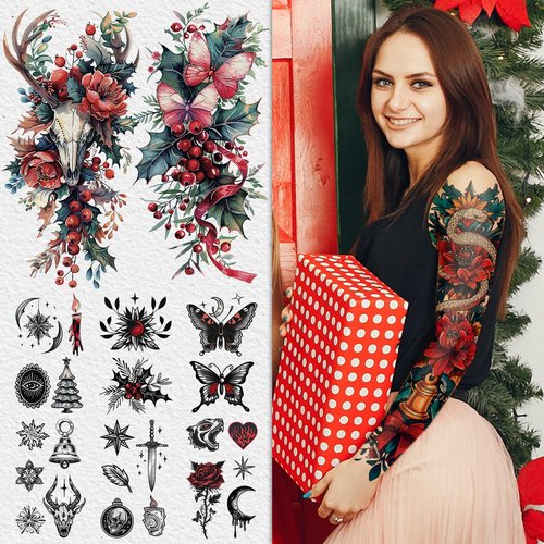 Cerlaza Christmas Temporary Tattoos for Adults, Christmas Accessories Holiday Makeup Tattoo Stickers, Santa Xmas Decorations Party Favors Stocking Stuffers, Holiday Outfits for Women
