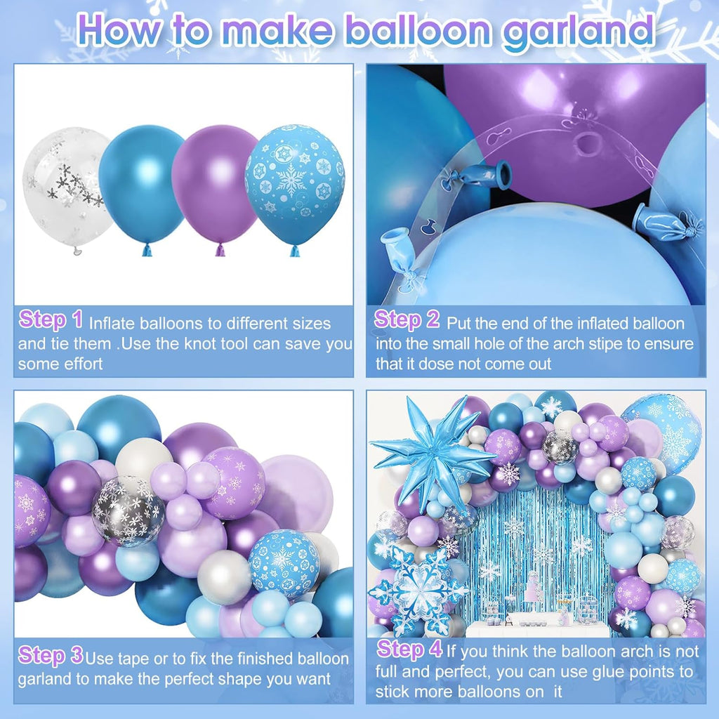 Amandir 162PCS Snow Birthday Party Supplies - Snow Balloon Garland & Fringe Curtain | Blue & Purple Winter Wonderland Decor