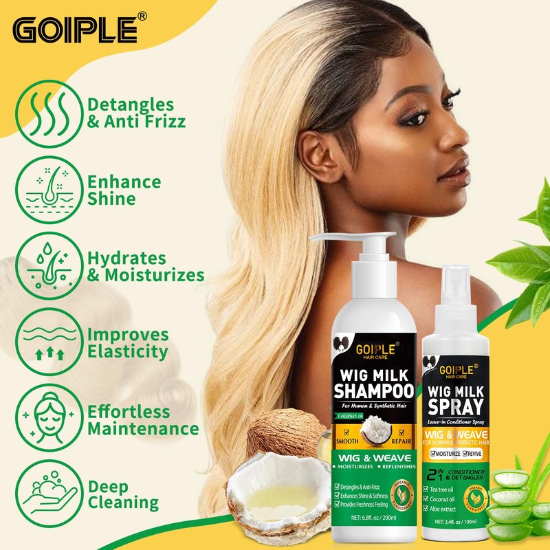 Wig Shampoo for Synthetic Wigs & Wig Milk Spray for Synthetic Hair, Detangle and Anti-Frizz, Hydrates & Moisturizes Synthetic Wig Shampoo, Conditioner＆Detangler 2 in 1 Moisturize Spray Detangler Brush