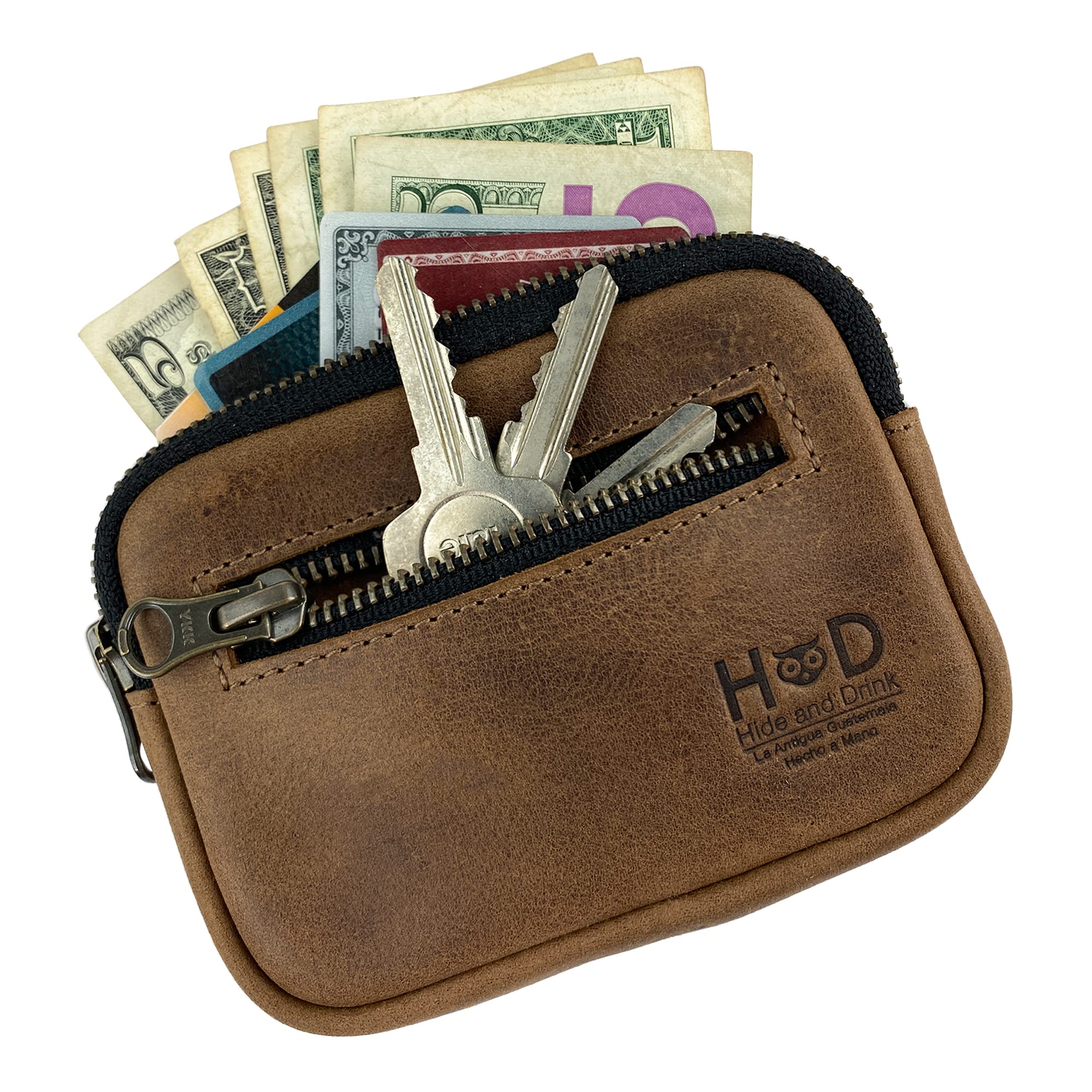 Hide & Drink, Zippered Wallet, Business Card and Money Holder, Compact Pocket Organizer, Full Grain Leather, Handmade Everyday Accessories, Bourbon Brown