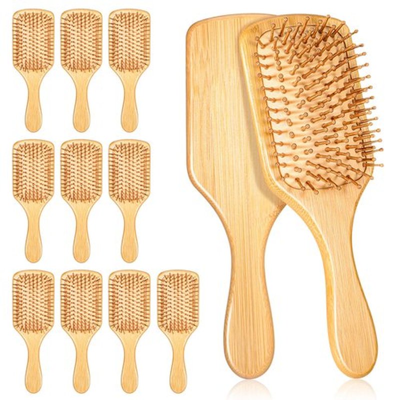 12-Pack Natural Bamboo Hair Brushes for Scalp Massage & Detangling, Anti-Static Wooden Paddle Brush with Ergonomic Handle and Bamboo Bristles, DIY Engraving Gifts for Women/Men/Kids, All Hair Types