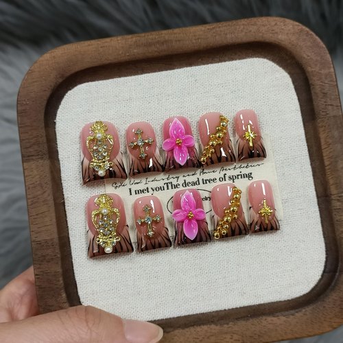 TENPAL Handmade Duckbill Press on Nails - Zebra Print & Pink Floral 3D Metal Cross Studs | Glossy Icy French Tips False Nails with Designs| Royal Core Aesthetic Glue on Nails for Daily Party Wear(S)