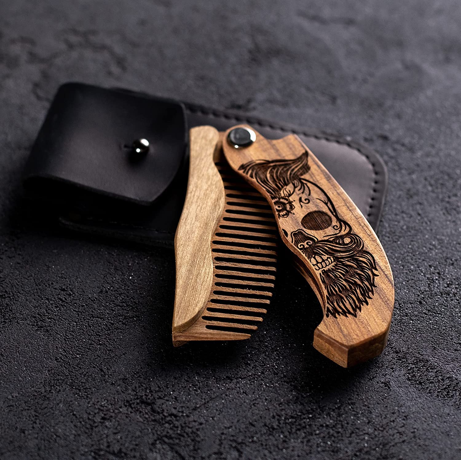 Wooden Beard Comb for Men - Personalized Folding Pocket Comb for Moustache Beard & Hair Walnut Combs Engraved (Half Skull)