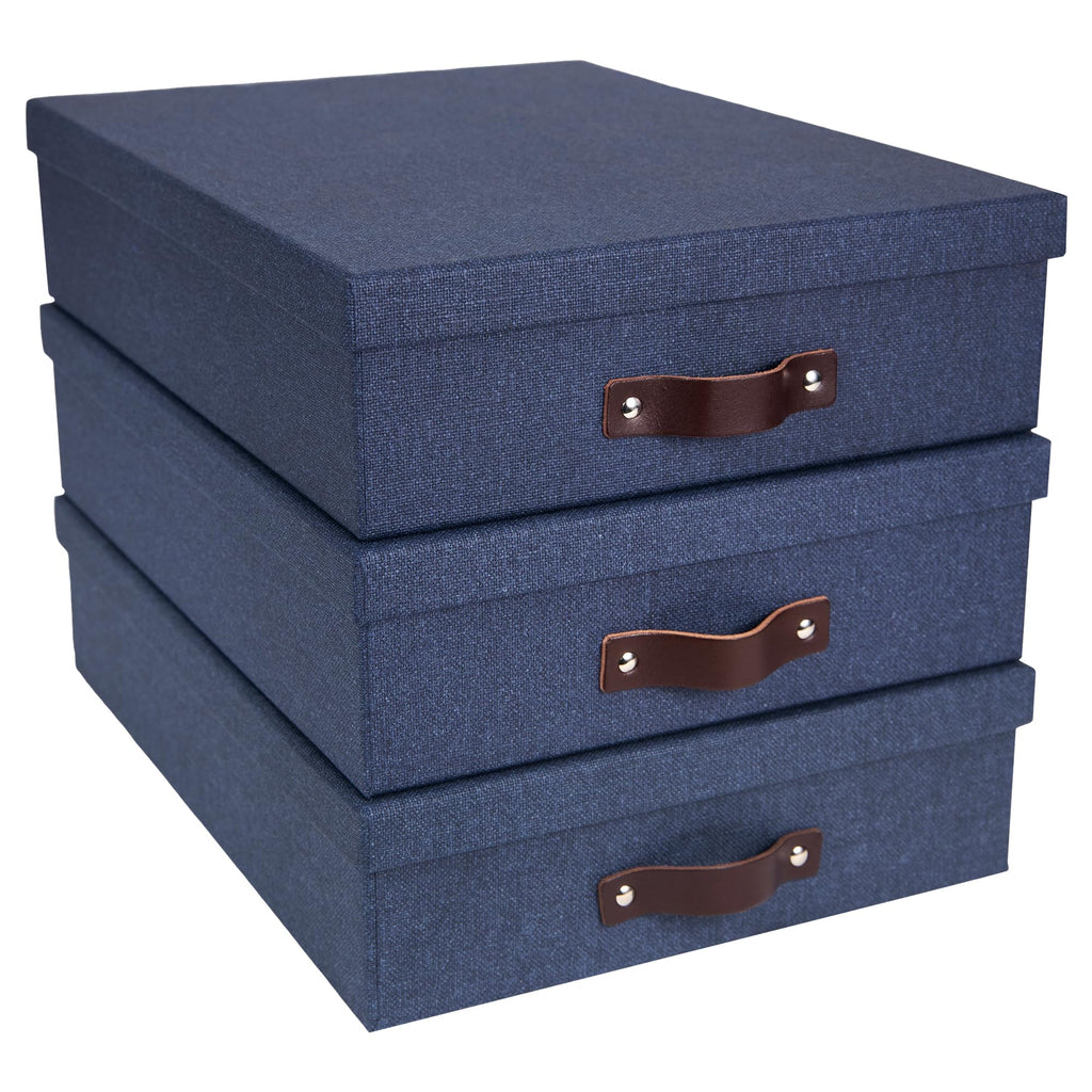 Bigso Oskar Canvas Fiberboard Document Letter Box | File Organizer Document Box for Important Paperwork | Document Storage Box with a Lid & Handle | 3.3″x10.2″x13.8″ | 3 Pack | Blue