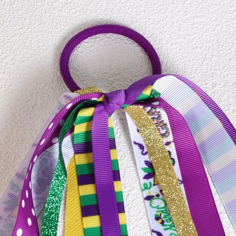 Girls Mardi Gras Ponytail Hair Ribbon Streamer,Gold Green Purple Ribbon Pony Holder Elastic Hair Tie Bands for Women Fat Tuesday Party Costume Dress outfit Pigtail Decor Accessories