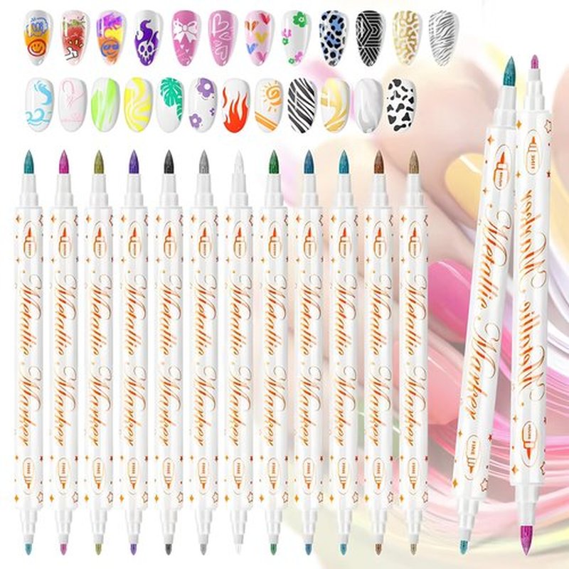 12 Colors Metallic Nail Art Pens Set, Double-Ended Nail Marker Pens for Nail Art Dotting Line Painting Designs, Water Based Quick Dry Paint Markers for DIY Manicure, Home & Salon Use