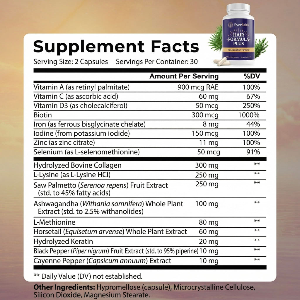 EVERFAITH Hair Formula Plus - Hair Growth Vitamins - Biotin for Hair Growth for Women & Men - with Keratin, Collagen, Saw Palmetto, Horsetail, Zinc, Ashwagandha, L-Lysine, Iron & More - 60 Capsules