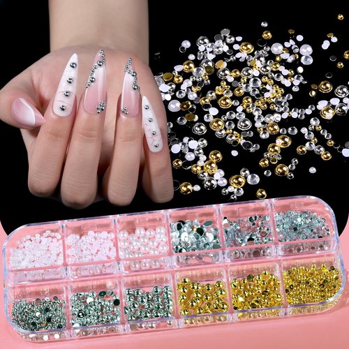 Teenitor Chrome Nail Powder Kit, 14 Pots Nail Chrome Powder with Nail Charms and Gems, Gold Chrome Nail Powder, Silver Red Mirror Effect Crome Powder for Gel Nails, Nail Supplies Nail Design Tools