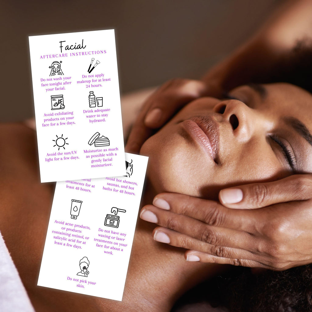 Boutique Marketing LLC Facial Aftercare Cards | 50 Pack | Size 2 x 3.5” inches Business Card Size | Esthetician | Aftercare Instructions White with Purple Text Design, black, white, purple