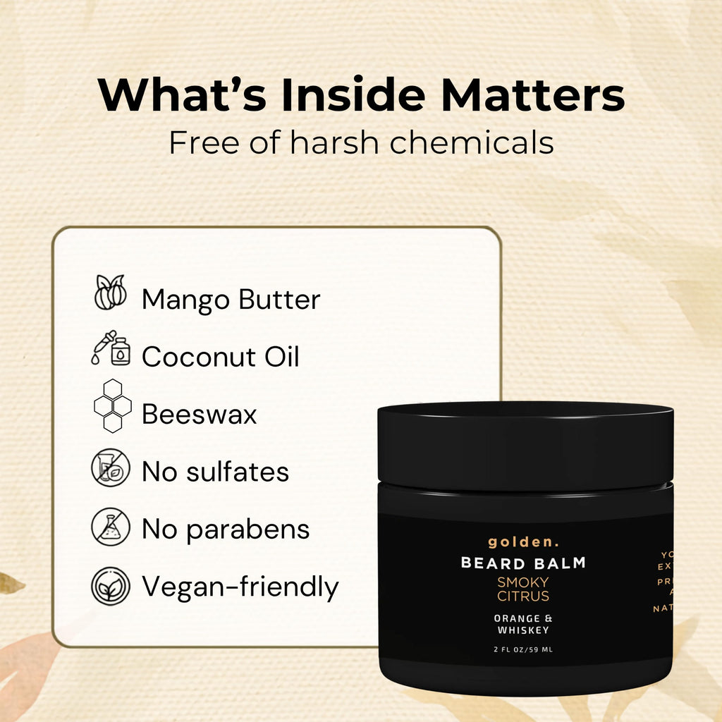 Golden Grooming Beard Balm - Tames Flyaways & Promotes Thicker Growth - Natural Styling Wax with Shea & Mango Butter - Relieves Beard Itch & Dandruff - Smoky Citrus, 2oz