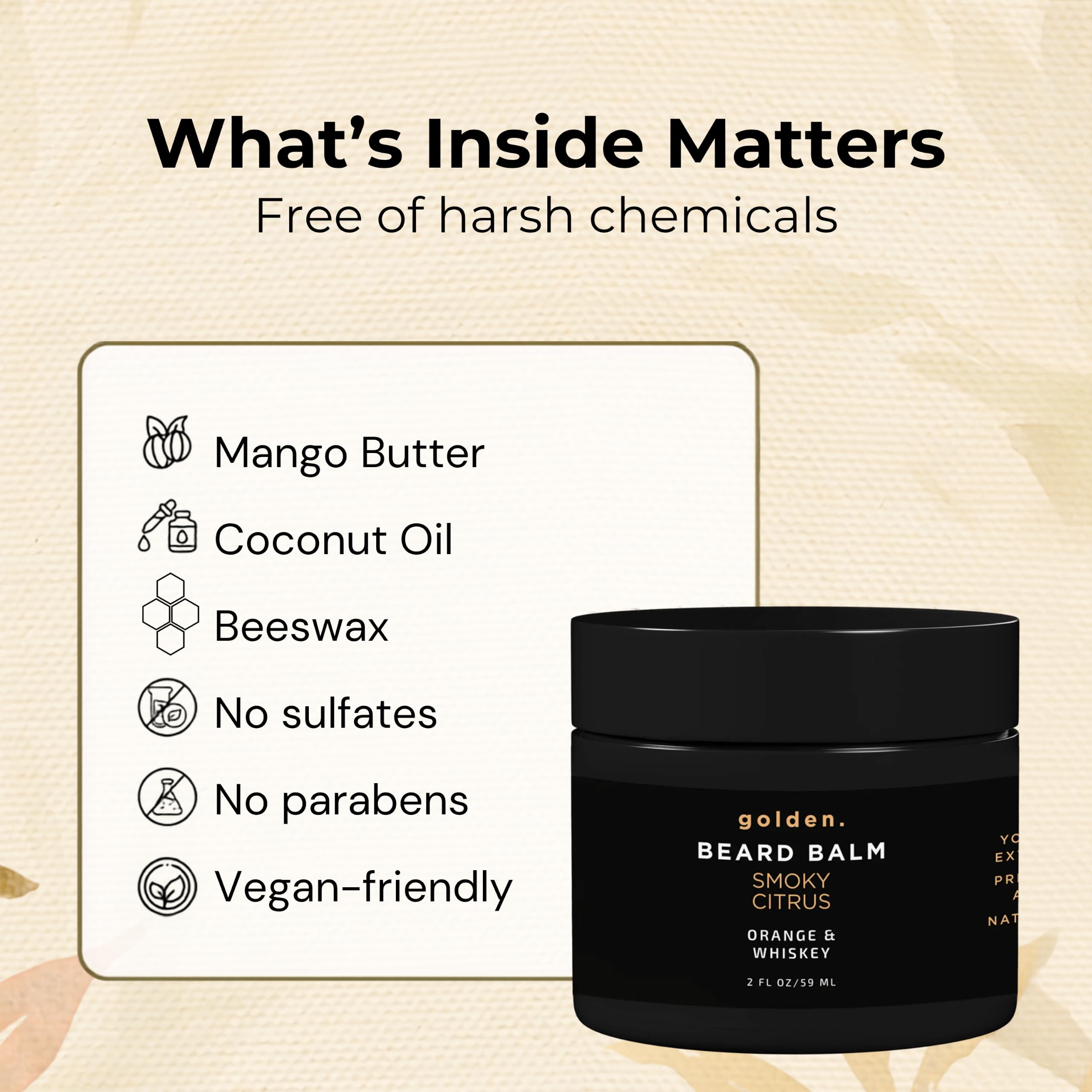 Golden Grooming Beard Balm - Tames Flyaways & Promotes Thicker Growth - Natural Styling Wax with Shea & Mango Butter - Relieves Beard Itch & Dandruff - Smoky Citrus, 2oz
