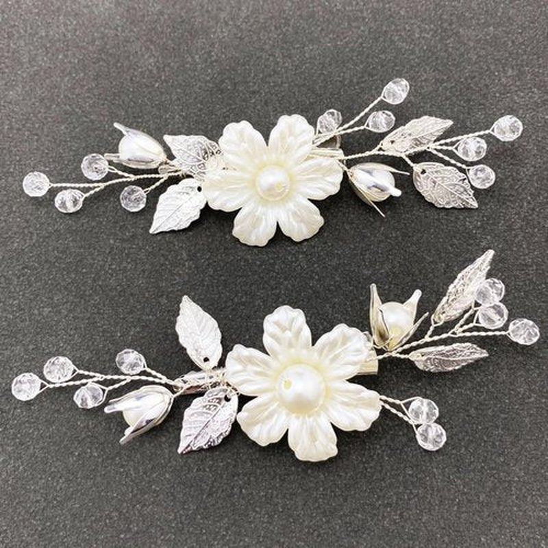 PRETTYLIFE Pearls Flower Hair Clips 2pcs Bridal Ivory Floral Silver Leaf Vine Hair Pieces Accessories for Wedding Women