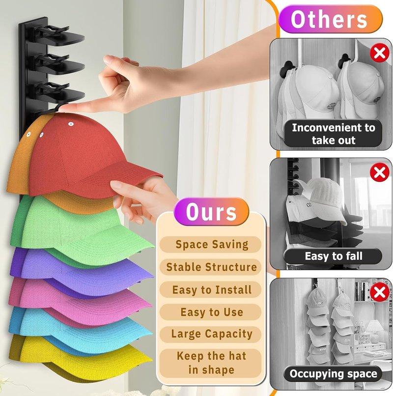 Volnamal Hat Organizer - 2 Pack Baseball Cap Rack for Wall | Holds Up to 40 Hats, Strong Adhesive Storage (Black)