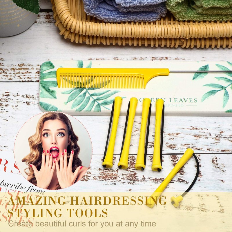 WILLBOND Hair Perm Rods - 96 Pcs Plastic Cold Wave Curlers with 2 Steel Pintail Combs | 0.28 Inch, Yellow