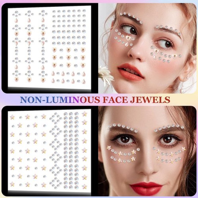 Erythem Face Gems for Women 6 Sheets Face Jewels Stick On Self Adhesive Rhinestones Stickers for Makeup Music Festival Rave Party (4Luminous)