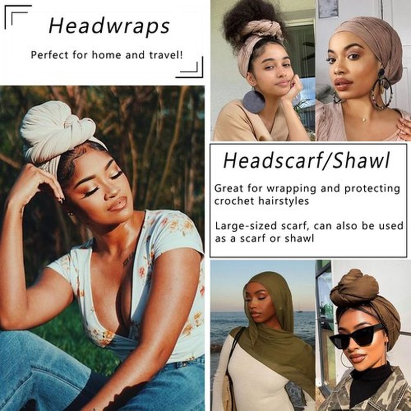 COOKOO 2 Piece Long Solid Color Stretch Head Wrap African Women's Jersey Turban Fashion Head Scarf Ultra Soft Extra Long Headwraps Lightweight Breathable Head Bands Ties for Women(Black+Army Green)