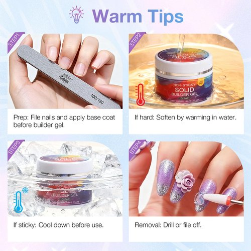 GELLAKTIK All-in-One Solid Builder Nail Gel Kit: 60g Hard Gel with 3D Mold, 6-Color Powders & Nail Art Tools (Nail File, Cuticle Pusher, Pen), Non-Sticky for Nail Extension, DIY Salon, UV/LED Cured