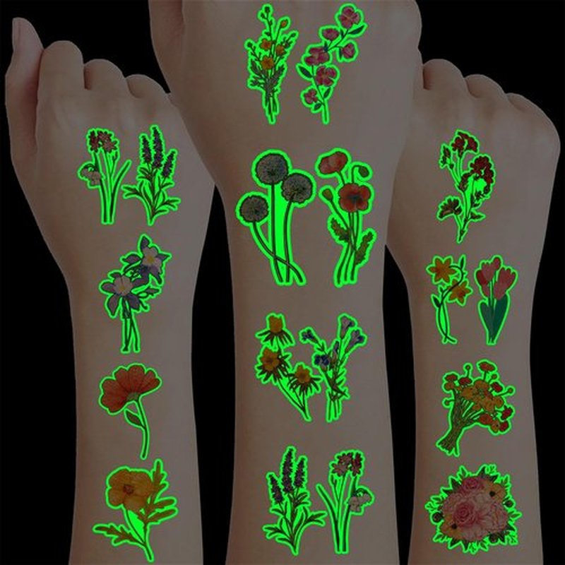 96 PCS Small Wildflower Floral Pre–Cut Temporary Tattoos Birthday Party Decorations Supplies Favors Spring Flower Bouquets Decor Stickers Gifts Boys Girls Classroom School Prizes Reward (Luminous)