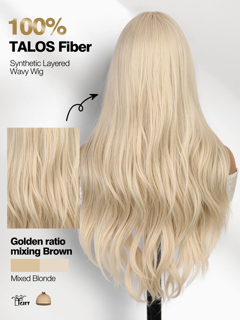 WIGER Mixed Blonde Long Wavy Wigs Middle Part Curly Wavy Layered Wig Glueless TALOS Synthetic Heat Resistant Fiber Wig for Women Cosplay Party Christmas