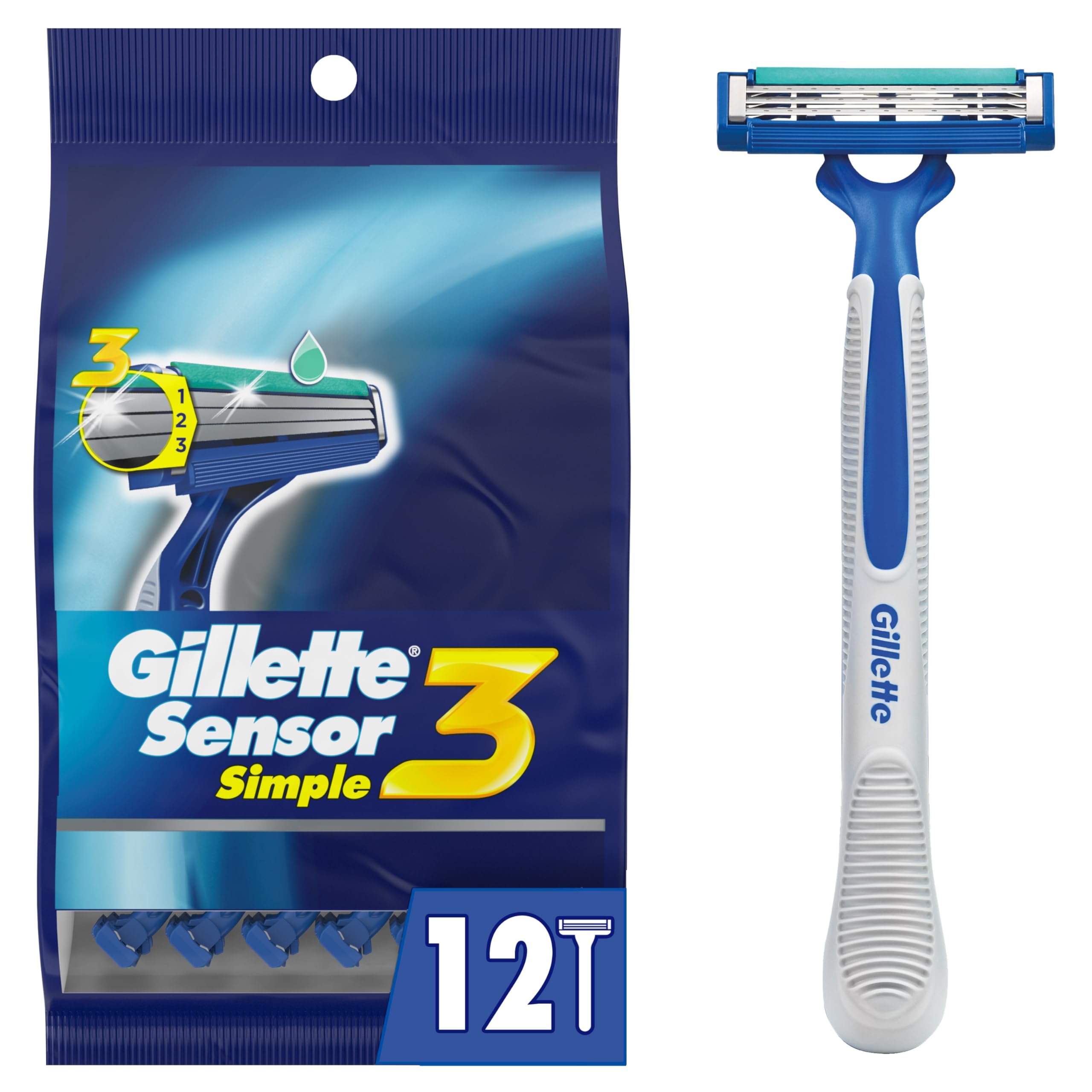 Sensor3 Simple Men’s Disposable Razors, 12 Count