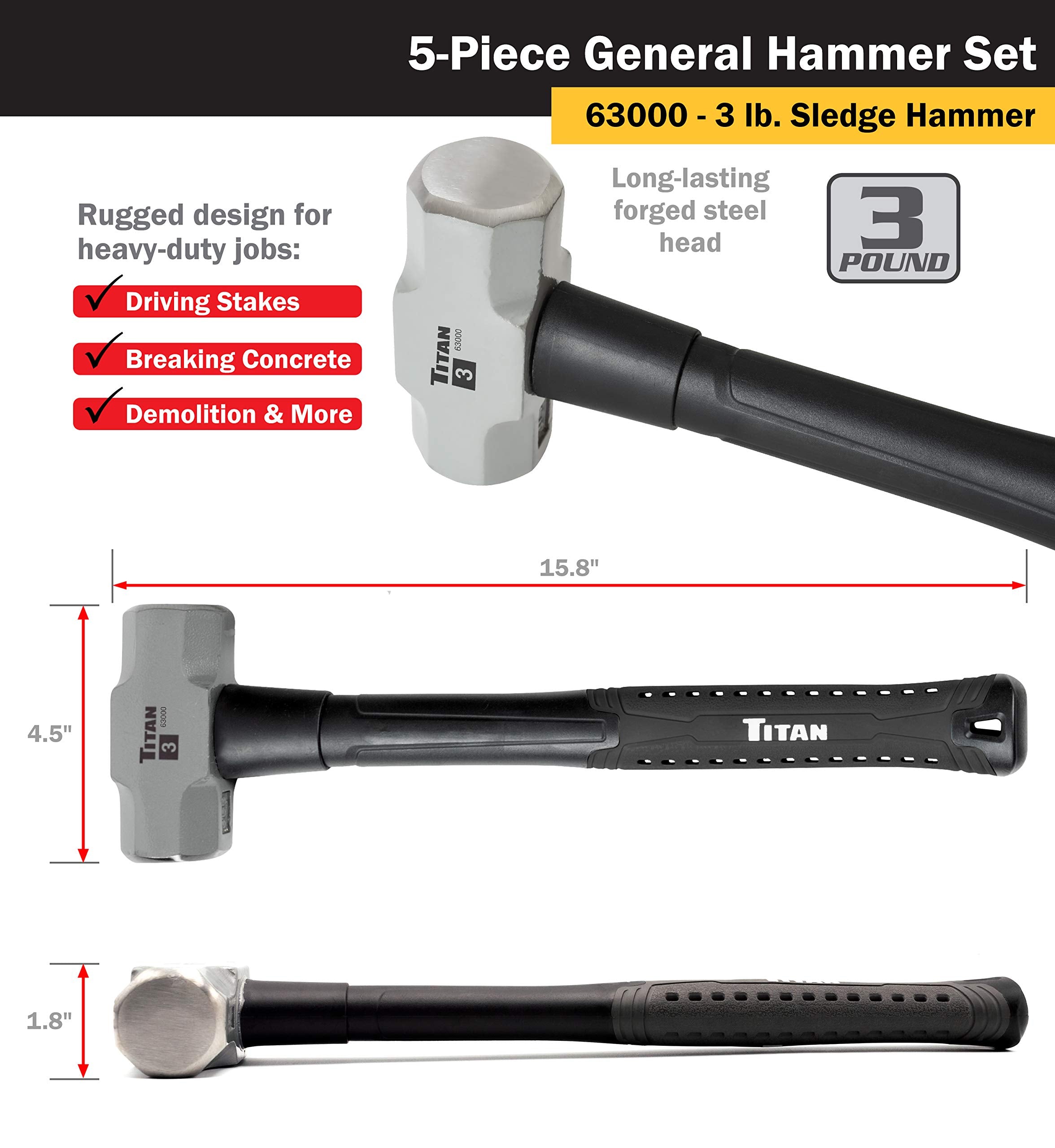 Titan 63125 5-Piece Hammer Set, Includes 16oz & 32oz Ball Pein, 32oz Rubber Mallet, 3lb Sledgehammer, & 3lb Cross Pein, Shock Absorbing Fiberglass Handles with Textured Grips