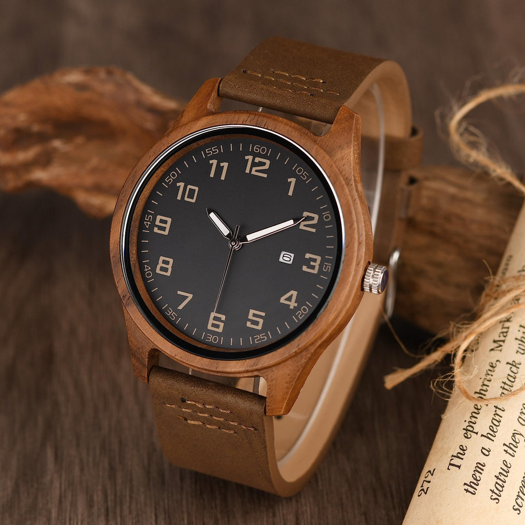 LMWOOD Engraved Wood Watch for Men Walnut Leather Strap Anniversary Birthday Personalized Watch for Husband Dad Son