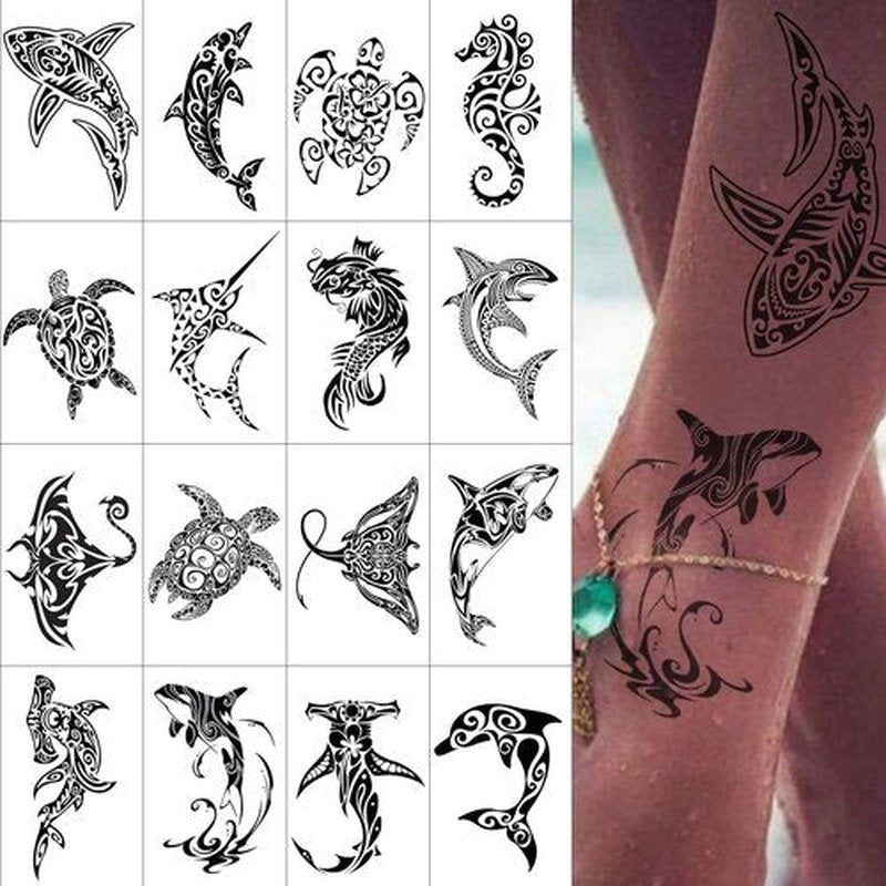 FTVLTAT 16 PCS Black Tribal Totem Temporary Tattoo Stickers for Women Men, Maori Stingray Shark Whale Turtles Seahorses Patterns, Long-lasting Waterproof Removable Body Art Makeup Fake Tattoo