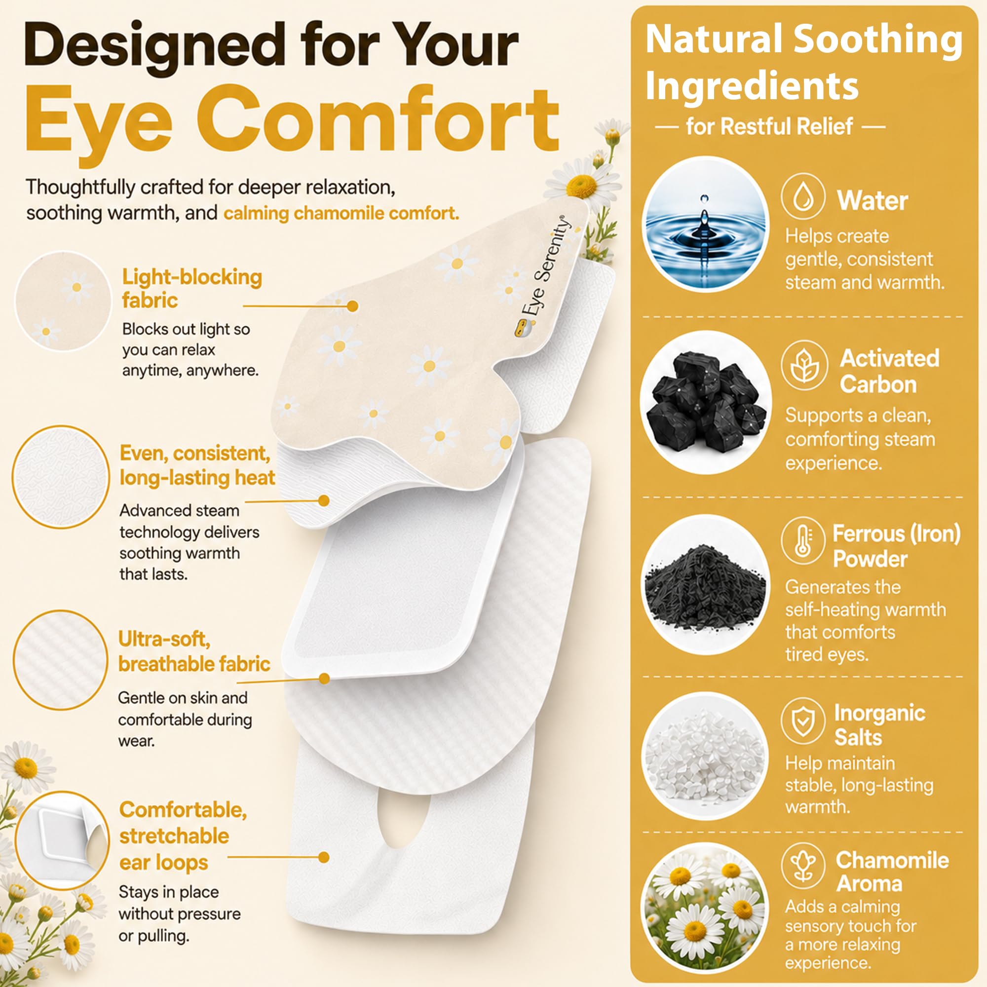 Lure Essentials Steam Eye Mask, Heated Eye Mask, Self Heating Warm Compress for Dry Eyes, Fast Relief for Stye, Puffy Sensitive Eyes, Moist Heat, Relaxation Gifts for Women and Men - Chamomile