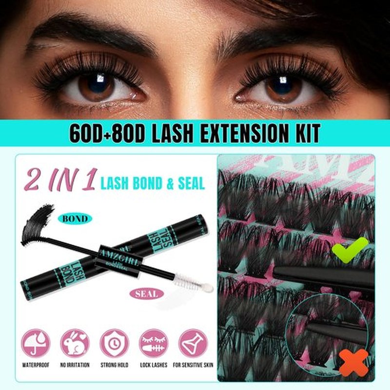 Lash Clusters Kit 320Pcs 60D 80D DIY Individual Lashes Extension Kit Lash Bond And Seal Lash Remover For Eyelashes Extensions Lash Applicator Tool For False Eyelash Cluster Kit(60D80D,D-Mix10-16mm)