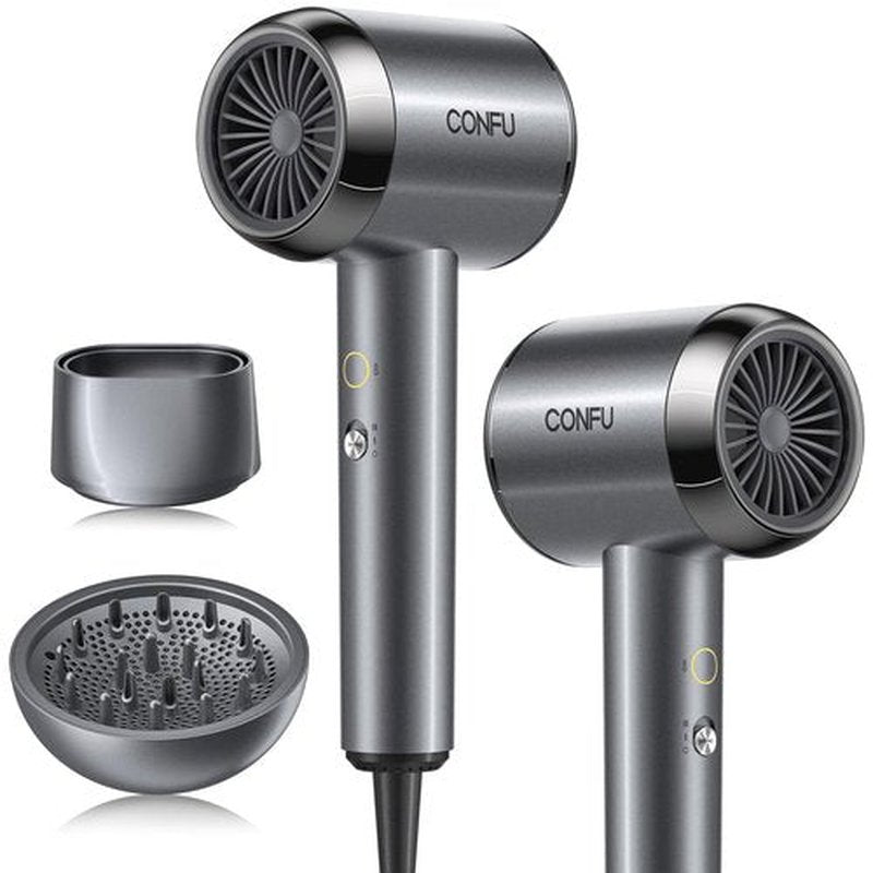 CONFU Diffuser Hair Blow Dryer - Plasma Ionic Professional 1600 Watt Hairdryer Fast Drying for Curly Hair Anti Frizz - Lightweight Portable Ion Blower Dryer for Women & Men