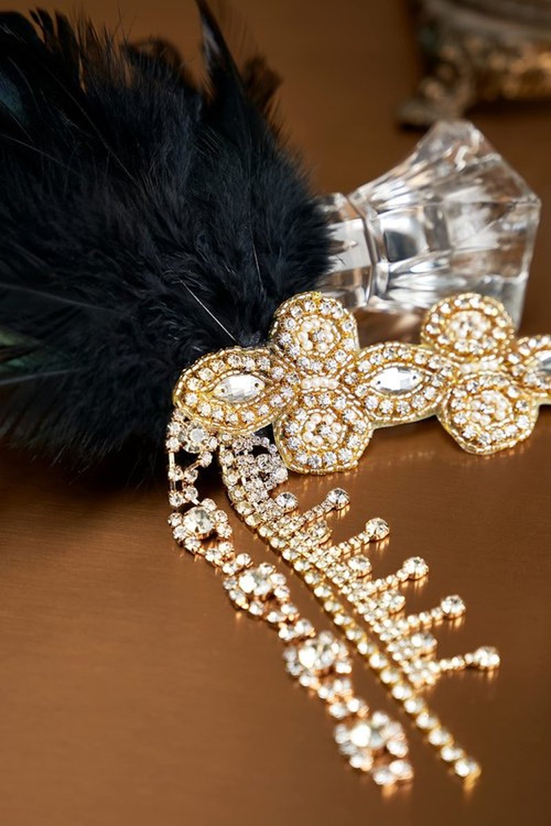 BABAEYOND 1920s Headpiece Flapper Headband - Feather Crystal Headpiece Flapper Accessories (Gold Black)