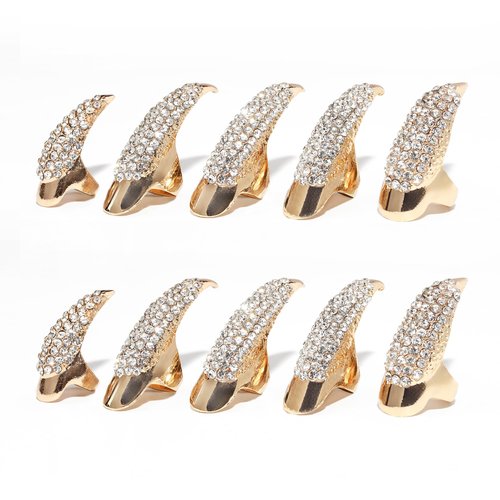 10 Pcs Halloween Costume Claws Fake Nails Ring Set, Gothic Punk Crystal Full Finger Rings 3 Sizes Retro Metal Paved Paw Bend Fingertip Claw Rings for women Men Nail Art Holiday Party (Golden)