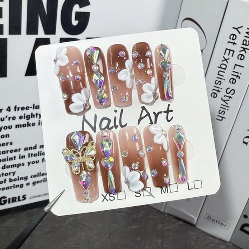 Generic Rhinestone Press On Nails Luxury Handmade Long Coffin Acrylic Nails 3D Flower Butterfly Designs Gradient Thick Fake Nails Full Cover Stick On Nails for Women Nails Manicure Decor (10pcs/box)