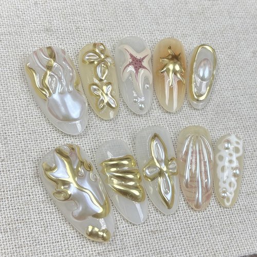30Pcs French Tip Press on Nails Long Almond Fake Nails with Beach Starfish Shell Ocean Jellyfish Flower Embossed Pattern Rhinestones Nails Design Full Cover Cute False Nail Stick on Nail for Women