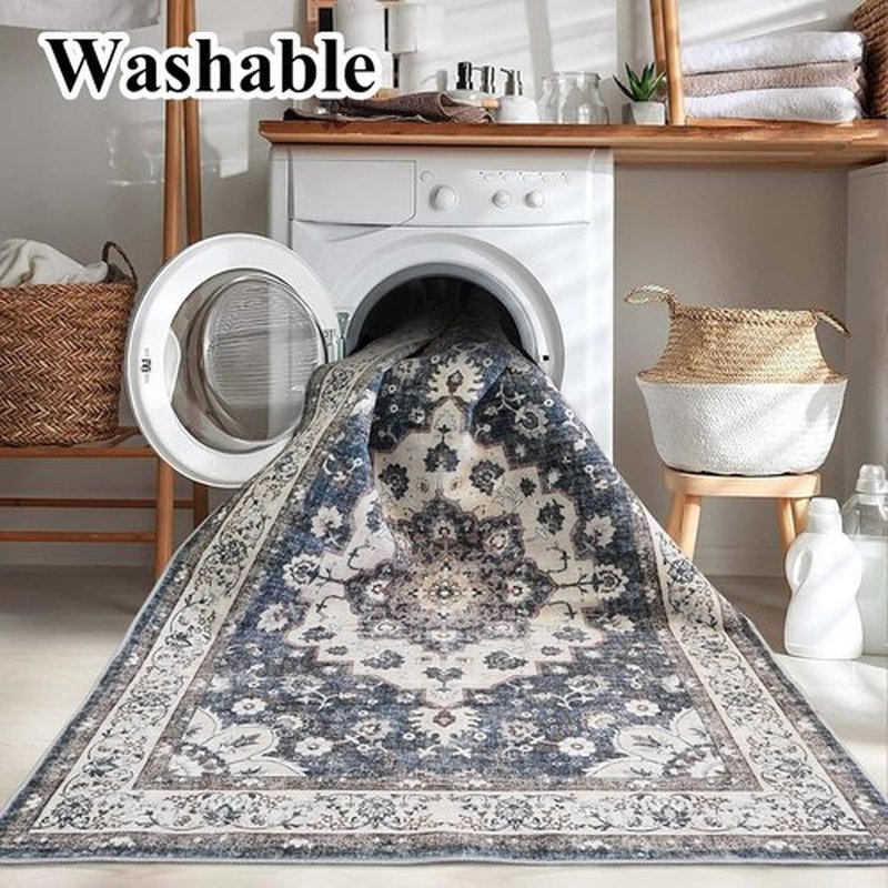 Regine Switzerland Vintage Blue Washable Runner Rug - Stain Resistant Non-Slip Accent Mat (2x6)