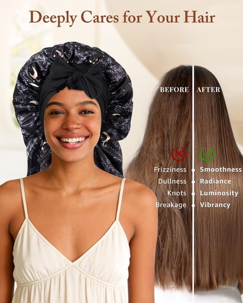 AWAYTR Long Satin Bonnet for Women - Double Layer Elastic Silk Bonnet for Braids Hair Sleeping Cap with Tie Band (Star and Moon+Black)