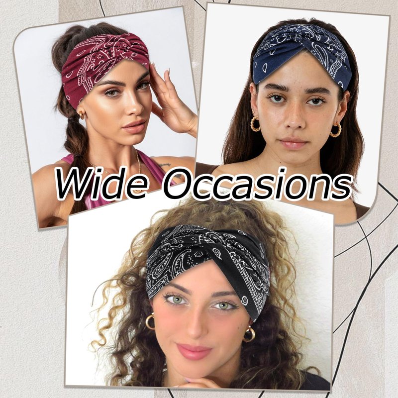ZUYASEZ 4 Pack Wide Headbands for Women Paisley Twist Hair Bands Stretchy Cross Head Turban Bandana Valentine's Day Non Slip Exercise Hair Wraps Accessories