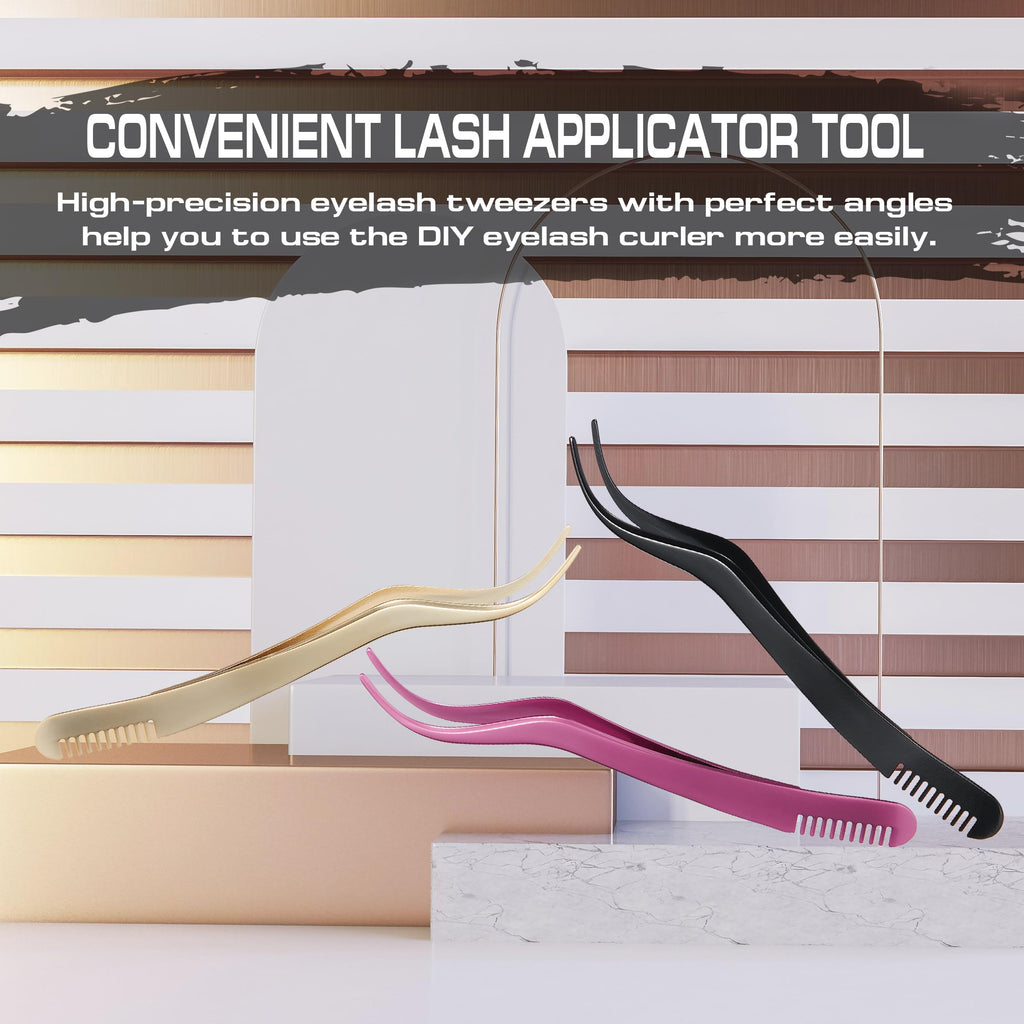 2 in 1 Lash Extension Tweezers with Comb, Stainless Steel Elbow Eyelash Extension Tweezers, Eyelash Tweezers for Lash Extensions, Precise Eyebrow Tweezers Tool for DIY False Eyelashes Clusters, Black