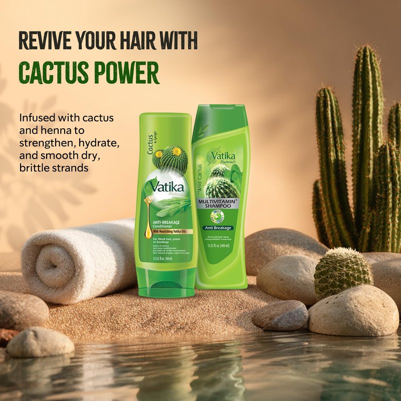 Vatika Naturals Cactus Shampoo & Conditioner Combo – Strengthens Weak Hair, Repairs Damage, Deeply Hydrates & Reduces Breakage, With Cactus & Henna for Smooth, Healthy Hair, 400ml