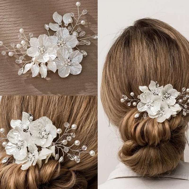 3 PCS Large Flower Bridal Wedding Hair Pins Crystal Pearl Hair Clips Headpiece Bride Hair Accessories Jewelry with Rhinestone, Glitter Emboss White Flower