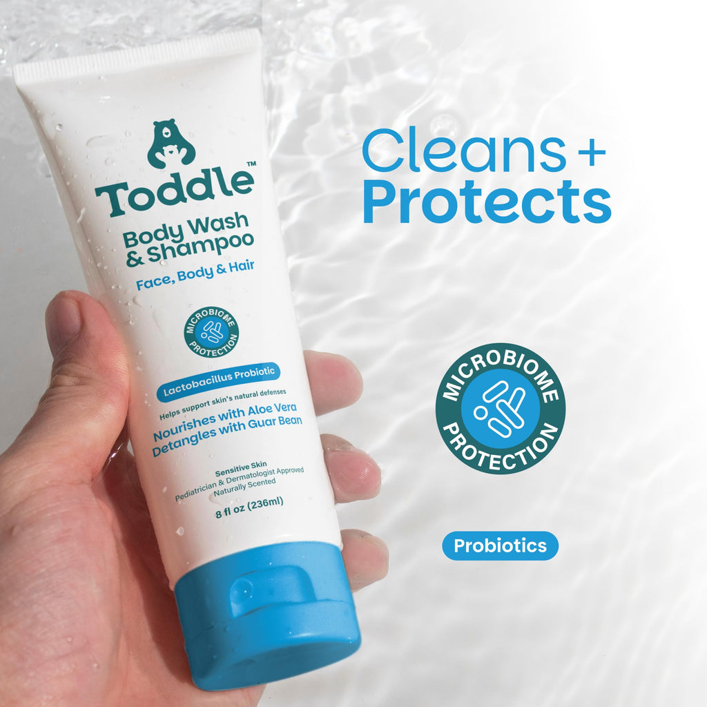Toddle 3-in-1 Probiotic Baby Shampoo and Body Wash, Plant-Based Kids’ and Toddler Body Wash for Sensitive Skin with Aloe and Lactic Acid, Fragrance-Free, Pediatrician Tested 1.7oz