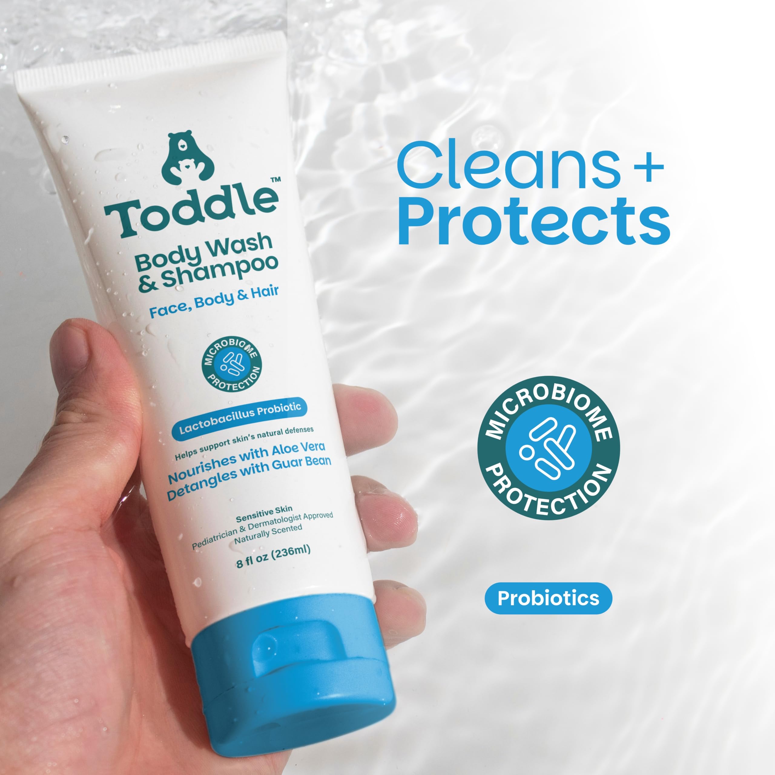 Toddle 3-in-1 Probiotic Baby Shampoo and Body Wash, Plant-Based Kids’ and Toddler Body Wash for Sensitive Skin with Aloe and Lactic Acid, Fragrance-Free, Pediatrician Tested 1.7oz