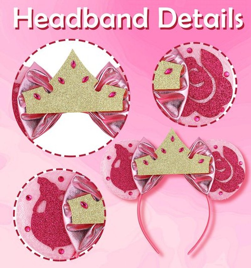 LIHELEI Aurora Mouse Ears Headband, Princess Aurora Headbands for Girls Birthday Party, Sleeping Beauty Ear Costume Headwear Hair Accessories -Hotpink Aurora