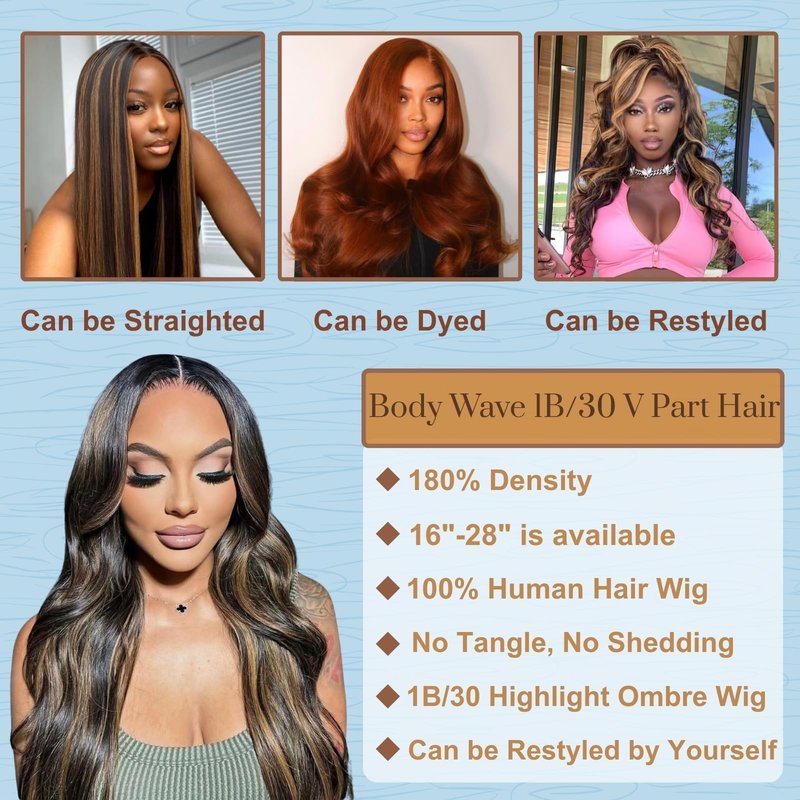 V Part Wig Human Hair Body Wave Upgrade Glueless Wigs Human Hair U partVpart Human Hair Wig Beginner Friendly Real Hair wigs for Women 180% Density 18inch 1b-30
