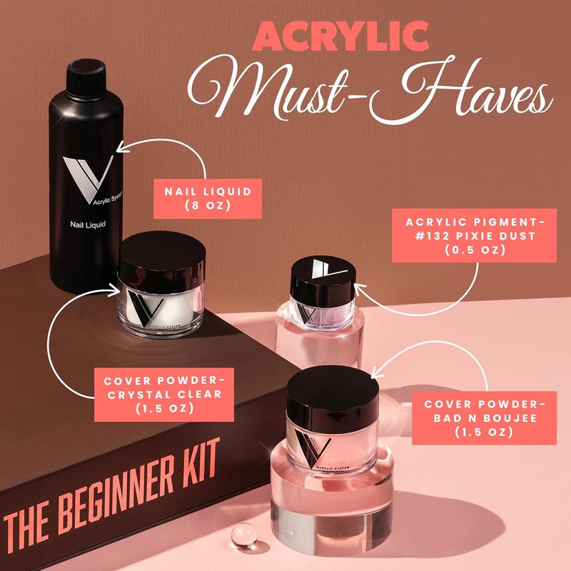 V Beauty Acrylic Nail Kit - Complete Beginner Set with Gel Top Coat, Monomer, Dip Powder & Tools