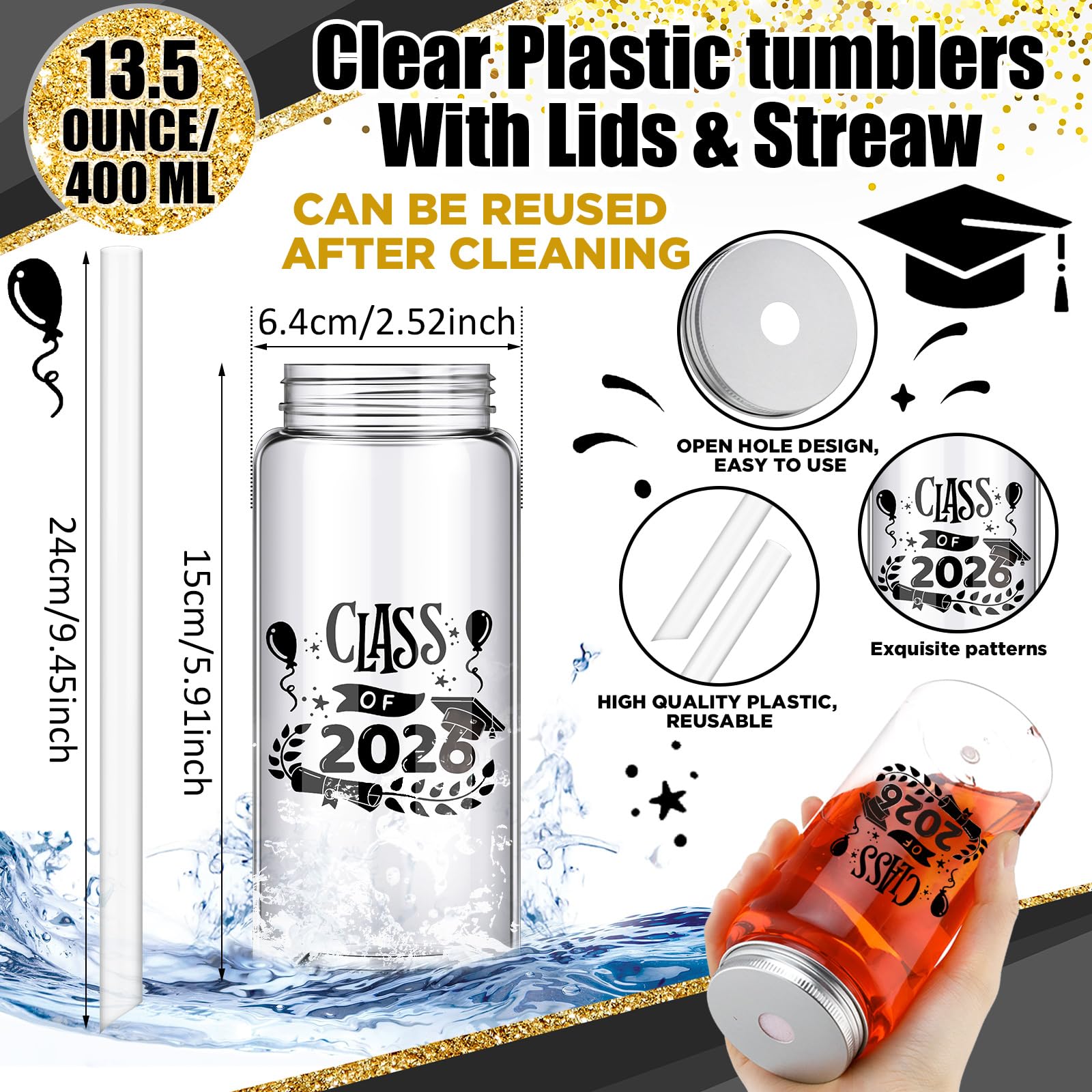Jingmore 24 Pcs Black Graduation Cups with Straws Bulk 13.5 oz Class of 2026 Plastic Mason Jars Reusable Tumbler Coffee Tea Hot Cocoa Beverage Happy Graduation Tumbler for Congrats Grad Party Gifts