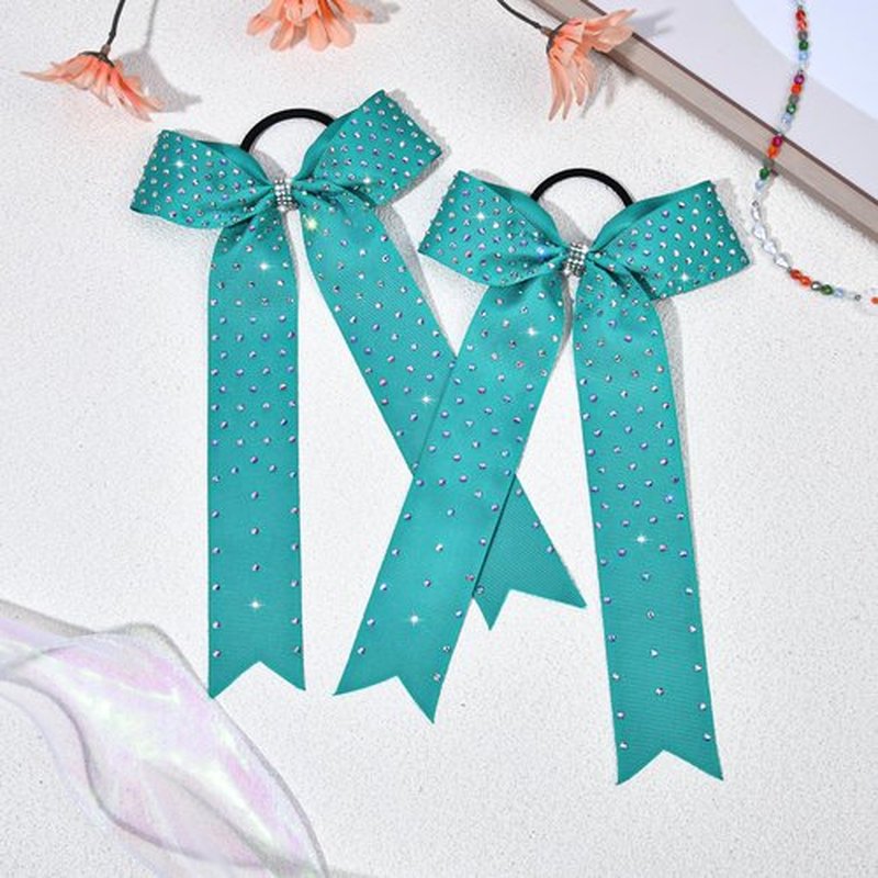DEEKA 12 PCS Glitter Collegiate Style Cheer Bows Long Tail Full Rhinestones Skinny Shiny Cheer Bow Ponytail Holder Handmade Bows for Girls Teens Cheerleader Sports -Teal