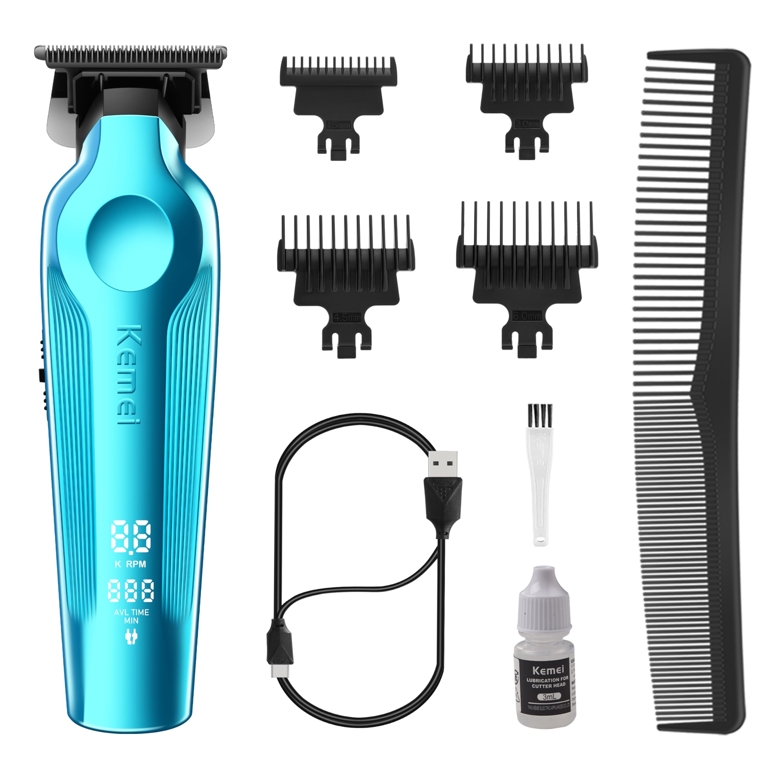 KEMEI Hair Trimmer for Men, Zero Gapped Cordless Hair Clippers Beard Trimmers with T Blade, Rechargeable Barber Clippers with LED Display, Blue